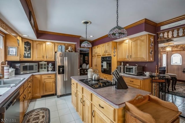 kitchen featuring decorative light fixtures, sink, ornamental molding, light tile patterned floors, and black appliances