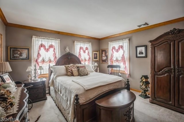 bedroom with light carpet, multiple windows, and ornamental molding