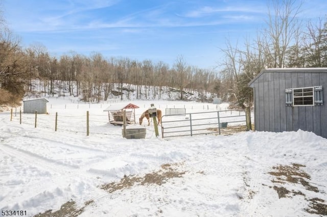 yard covered in snow with a rural view