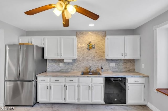 kitchen with sink, stainless steel fridge, dishwasher, backsplash, and white cabinets