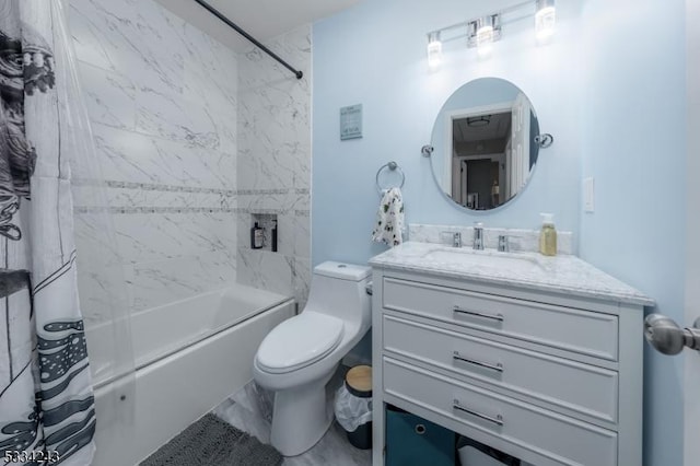 full bathroom with vanity, toilet, and shower / bath combo with shower curtain