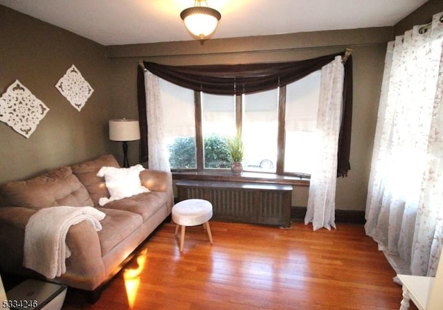 sitting room with radiator heating unit and wood-type flooring