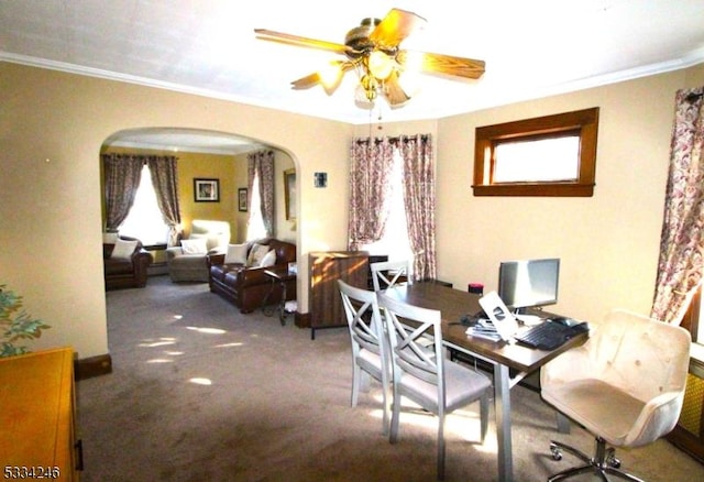 carpeted dining area featuring crown molding, a wealth of natural light, and ceiling fan