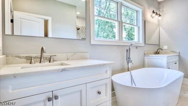 bathroom with vanity and a washtub