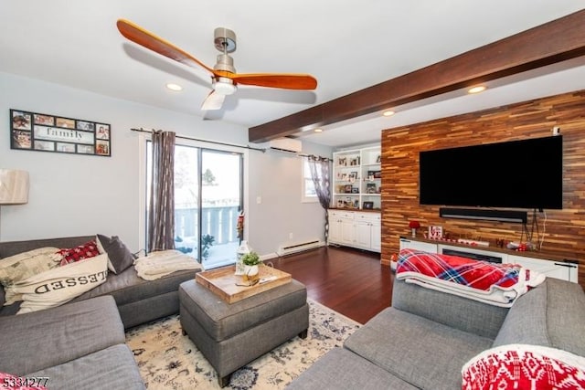 living room with wood-type flooring, a wall mounted AC, ceiling fan, beam ceiling, and a baseboard heating unit