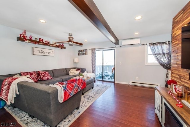 living room featuring a baseboard heating unit, beam ceiling, a wealth of natural light, and an AC wall unit