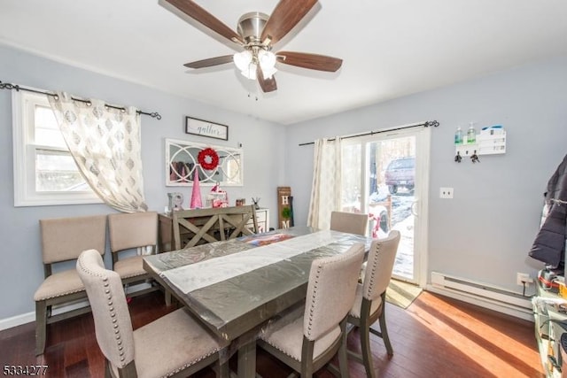 dining area with ceiling fan, dark hardwood / wood-style flooring, and baseboard heating