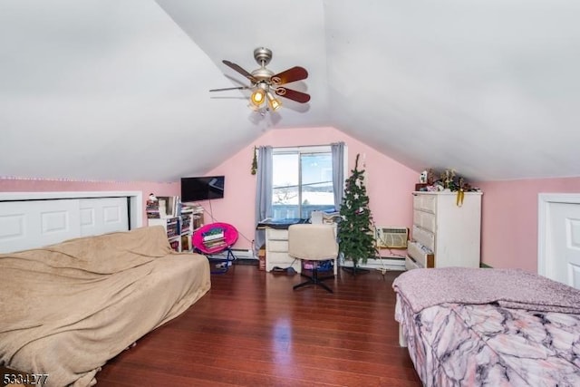 bedroom with dark wood-type flooring, ceiling fan, and vaulted ceiling