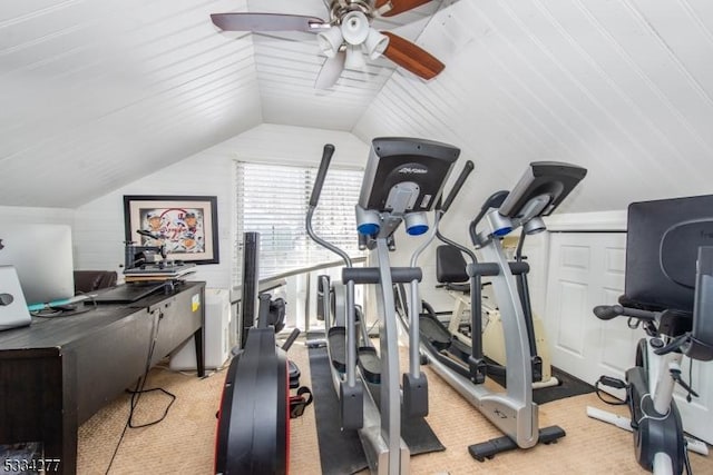 exercise area with light carpet, lofted ceiling, and ceiling fan