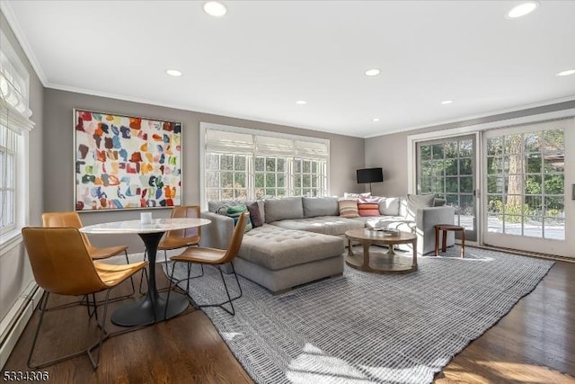 living room featuring dark wood-type flooring, crown molding, and a baseboard heating unit