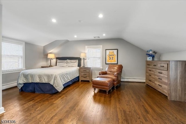 bedroom with baseboard heating, lofted ceiling, and dark wood-type flooring