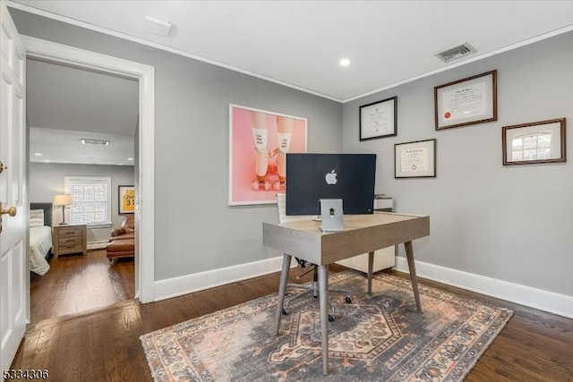 office area with crown molding and dark hardwood / wood-style floors