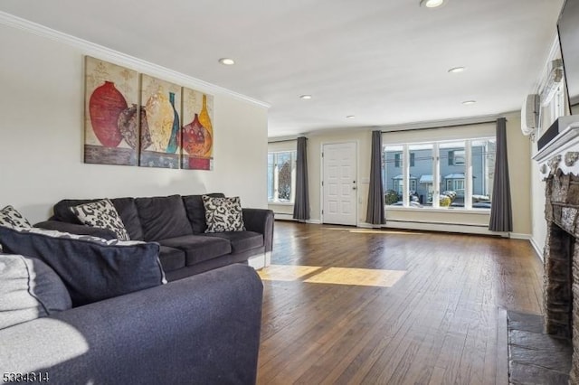 living room featuring a stone fireplace, a wealth of natural light, ornamental molding, and baseboard heating