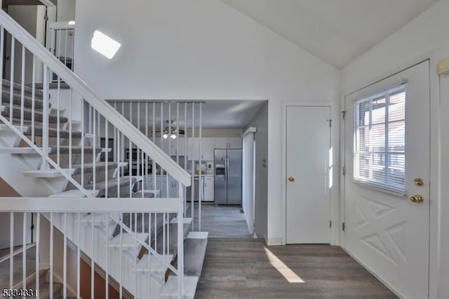 foyer with lofted ceiling and dark wood-type flooring