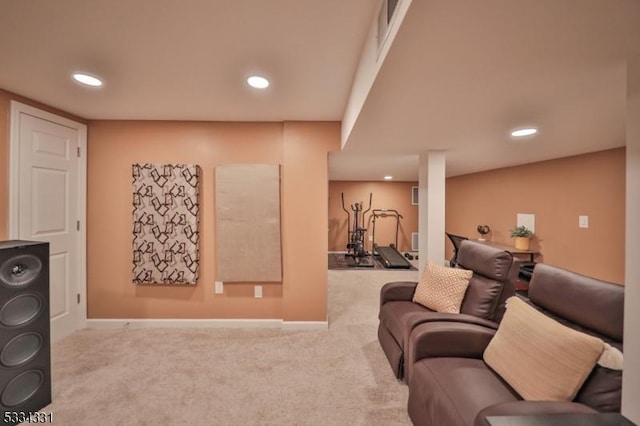 living room featuring light colored carpet