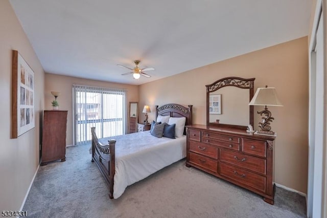 bedroom with light carpet and ceiling fan