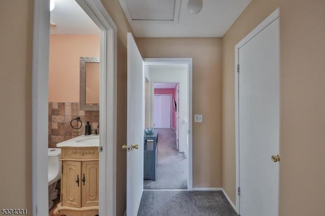 corridor featuring carpet flooring and sink