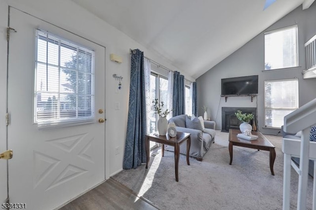 carpeted living room featuring lofted ceiling and a wealth of natural light