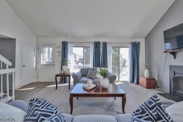 living room featuring vaulted ceiling