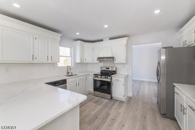 kitchen with sink, white cabinetry, stainless steel appliances, light hardwood / wood-style floors, and decorative backsplash