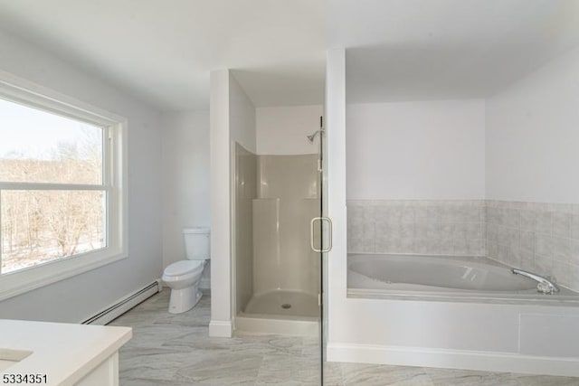 full bathroom featuring vanity, plus walk in shower, toilet, and baseboard heating