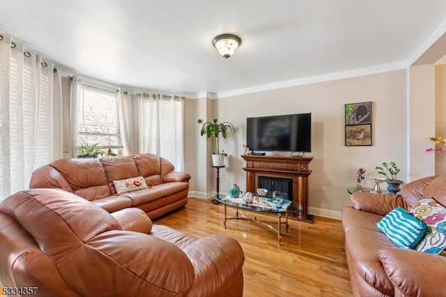 living room with ornamental molding and light wood-type flooring