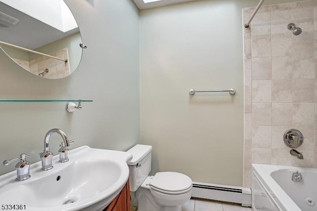 full bathroom featuring tiled shower / bath, tile patterned floors, baseboard heating, and a skylight