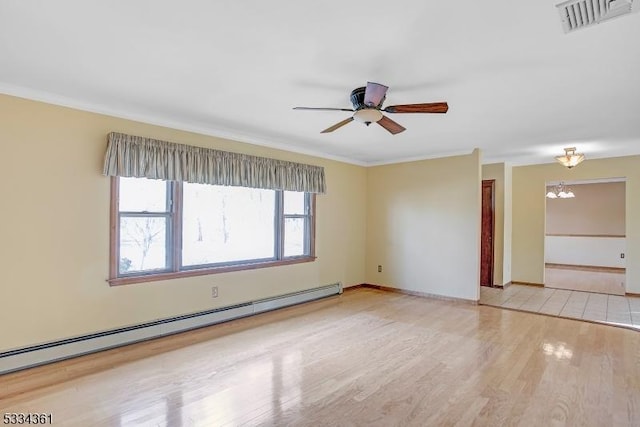 unfurnished room with crown molding, ceiling fan with notable chandelier, a baseboard radiator, and light wood-type flooring