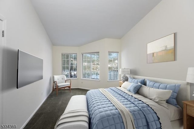 carpeted bedroom featuring vaulted ceiling