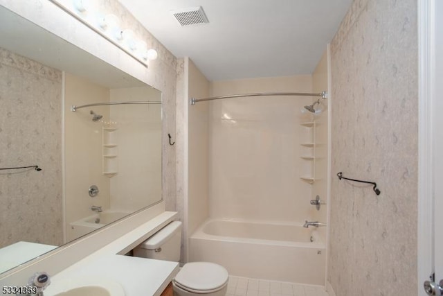 full bathroom with vanity, bathtub / shower combination, and toilet