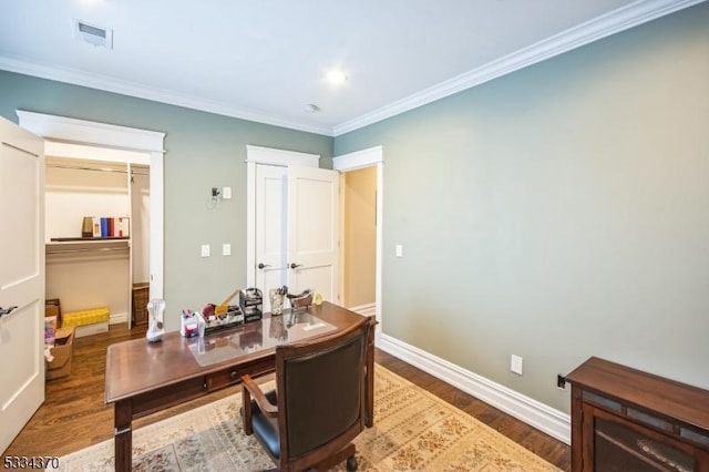 office space with crown molding and dark hardwood / wood-style floors