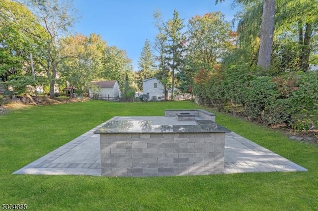 view of yard featuring a patio area and an outdoor fire pit