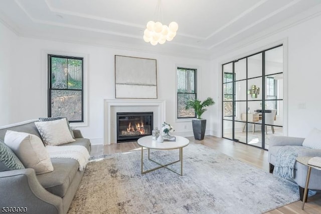 living room featuring a tray ceiling, a chandelier, and light hardwood / wood-style floors