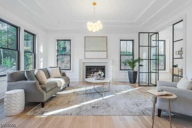 living room featuring hardwood / wood-style floors, a tray ceiling, and a chandelier