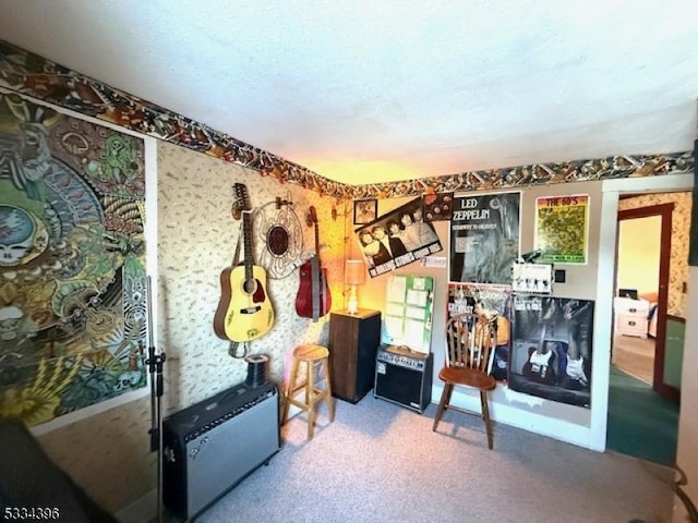 interior space featuring carpet floors and a textured ceiling