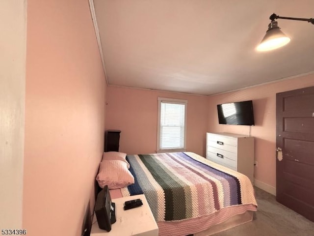 bedroom featuring ornamental molding and carpet flooring