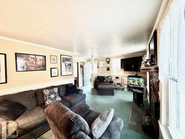 carpeted living room featuring crown molding