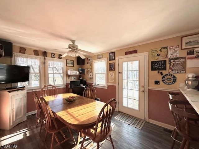 dining space with a wealth of natural light, ornamental molding, dark hardwood / wood-style floors, and ceiling fan