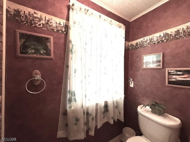 bathroom with ornamental molding, a healthy amount of sunlight, and toilet