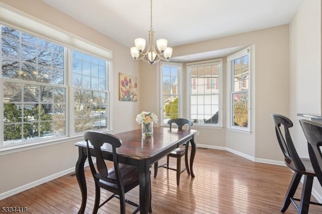 dining room with a healthy amount of sunlight, wood-type flooring, and a chandelier