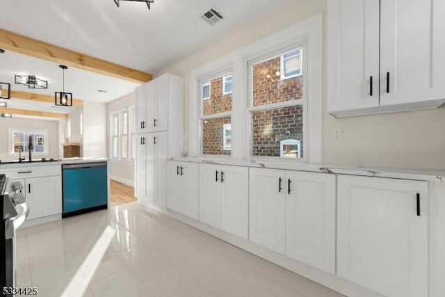 kitchen featuring dishwashing machine, stainless steel range oven, white cabinets, decorative light fixtures, and beamed ceiling