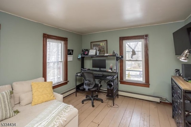 home office featuring a baseboard radiator and light hardwood / wood-style floors