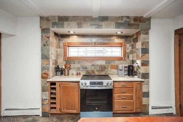 bar featuring crown molding, a baseboard radiator, stainless steel electric range, and backsplash