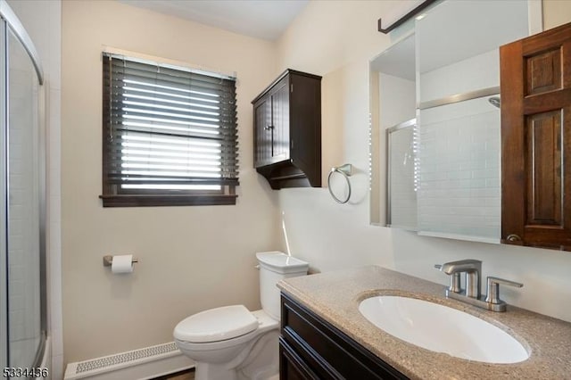 full bathroom featuring a baseboard radiator, a shower with shower door, vanity, and toilet