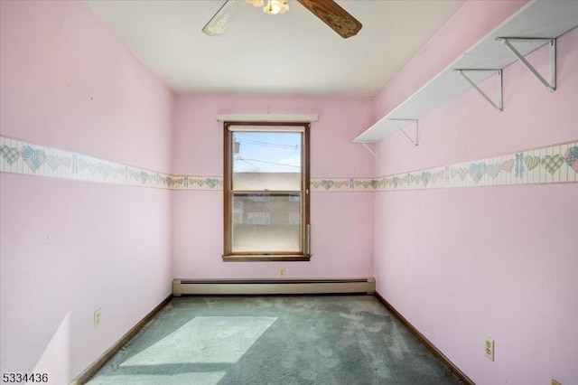 unfurnished room featuring carpet, a baseboard radiator, a ceiling fan, and baseboards