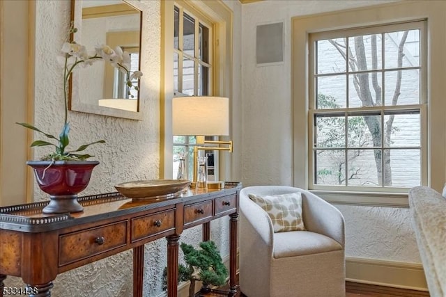 living area featuring a healthy amount of sunlight, baseboards, and a textured wall