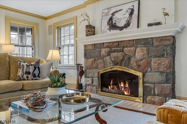 living room with a fireplace and ornamental molding