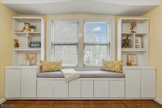 sitting room with a wealth of natural light, built in features, and wood finished floors