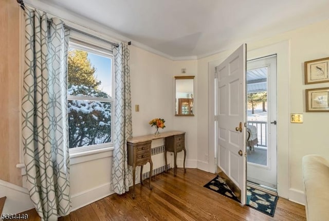 entrance foyer with ornamental molding, plenty of natural light, radiator, and hardwood / wood-style floors