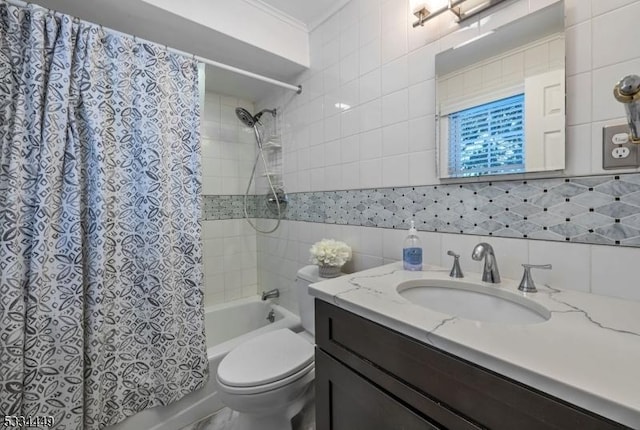 full bathroom featuring toilet, tile walls, vanity, shower / bathtub combination with curtain, and backsplash